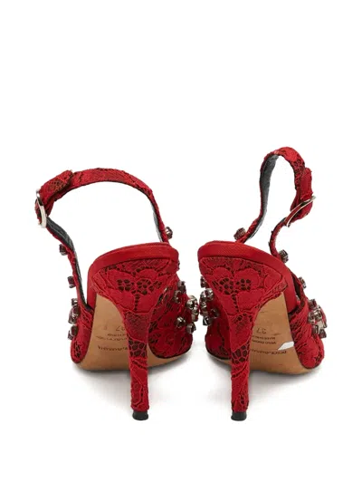 Pre-owned Dolce & Gabbana 110mm Lace Slingback Pumps In Red