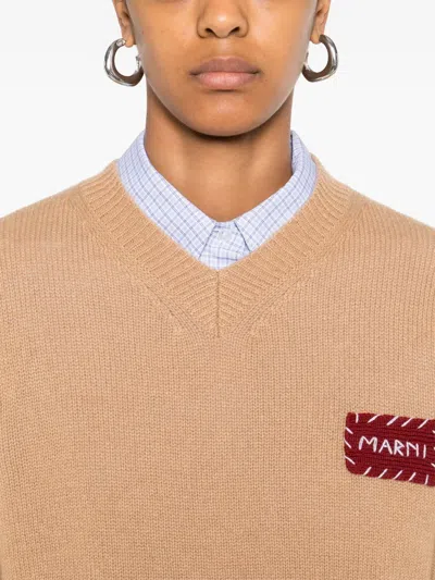 Marni Brown V-neck Sweater In Neutral