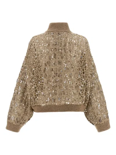 Brunello Cucinelli Dazzling Croc Embroidery Sweaters And Cardigans Beige In Brown