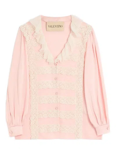 Valentino Ruffle V-neck Lace Trim Silk Shirt In Pink