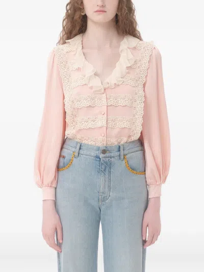 Valentino Ruffle V-neck Lace Trim Silk Shirt In Pink