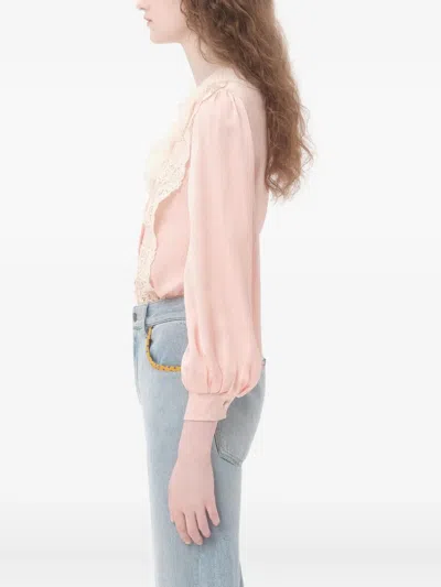Valentino Ruffle V-neck Lace Trim Silk Shirt In Pink