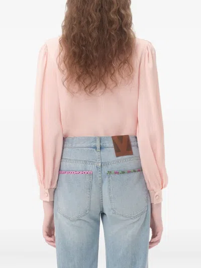 Valentino Ruffle V-neck Lace Trim Silk Shirt In Pink