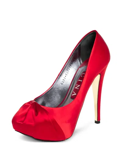Pre-owned Gina 130mm  Satin Platform Pumps In Red