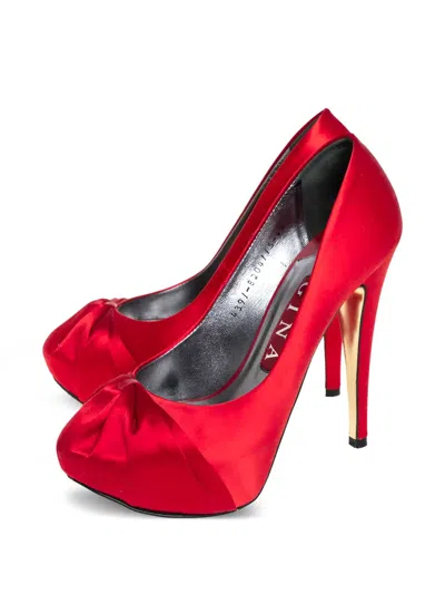 Pre-owned Gina 130mm  Satin Platform Pumps In Red