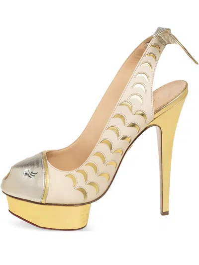 Pre-owned Charlotte Olympia  150mm Peep-toe Platform Slingback Heels In Yellow