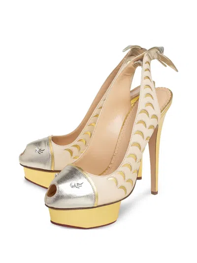 Pre-owned Charlotte Olympia  150mm Peep-toe Platform Slingback Heels In Yellow