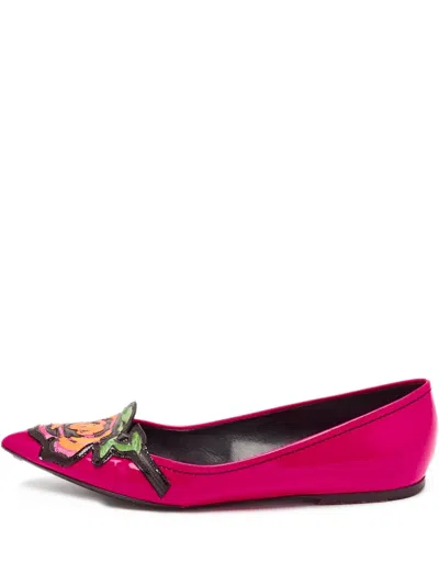 Pre-owned Louis Vuitton Rose-embroidered Pointed Flats In Pink