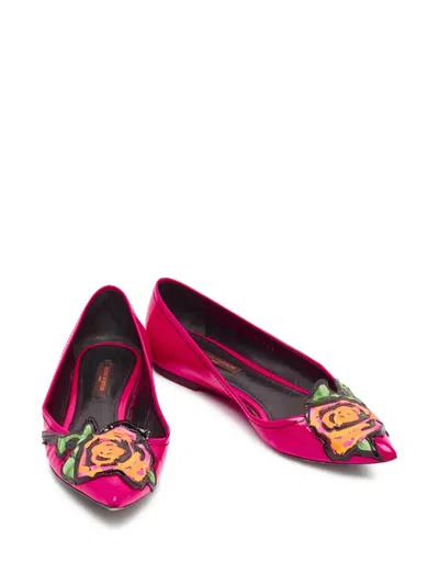 Pre-owned Louis Vuitton Rose-embroidered Pointed Flats In Pink