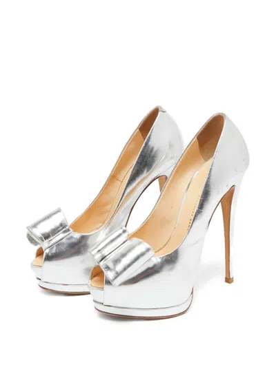 Pre-owned Giuseppe Zanotti Vintage  145mm Metallic Leather Platform Pumps In Silver