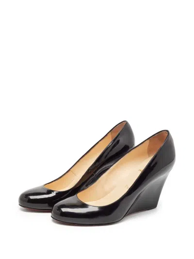 Pre-owned Christian Louboutin 85mm Leather Wedge Pumps In Black