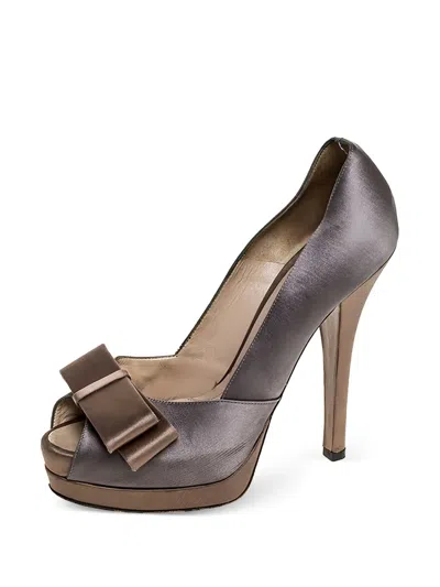 Pre-owned Fendi 145mm Bow-embellished Platform Pumps In Gray