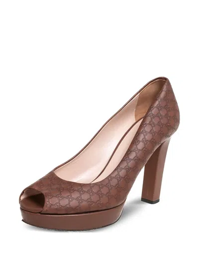 Pre-owned Gucci 110mm Peep-toe Platform Pumps In Brown
