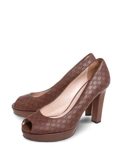 Pre-owned Gucci 110mm Peep-toe Platform Pumps In Brown