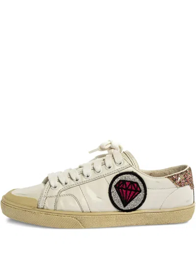 Pre-owned Saint Laurent Court Sl Diamond-embellished Low-top Sneakers In White