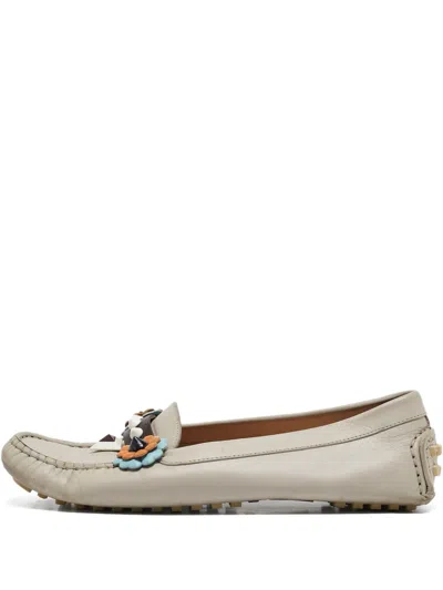 Pre-owned Fendi Floral-appliqué Loafers In Gray