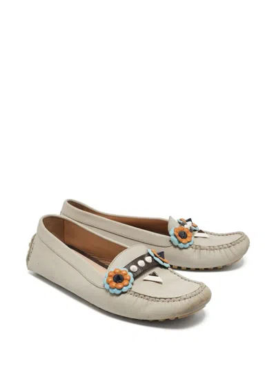 Pre-owned Fendi Floral-appliqué Loafers In Gray