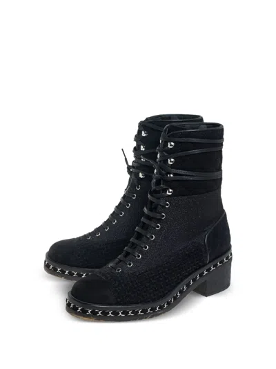 Pre-owned Chanel 65mm Denim Combat Boots In Black