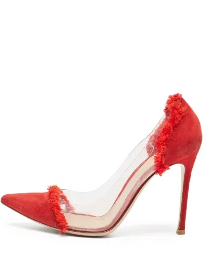 Pre-owned Gianvito Rossi  110mm Plexi Frayed Pointed-toe Pumps In Red