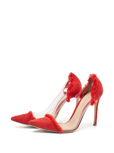 Pre-owned Gianvito Rossi  110mm Plexi Frayed Pointed-toe Pumps In Red