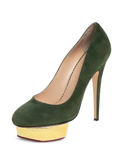 Pre-owned Charlotte Olympia  150mm Dolly Suede Platform Pumps In Green