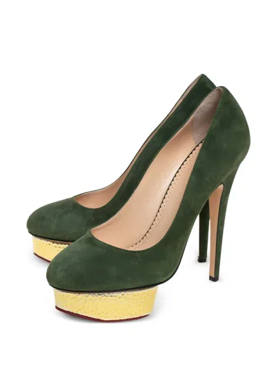 Pre-owned Charlotte Olympia  150mm Dolly Suede Platform Pumps In Green