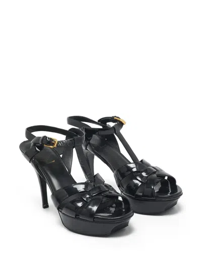 Pre-owned Saint Laurent 135mm Patent Platform Sandals In Black