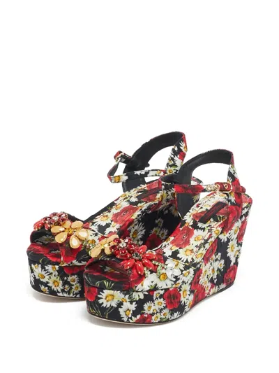 Pre-owned Dolce & Gabbana 90mm Floral-print Platform Wedge Sandals