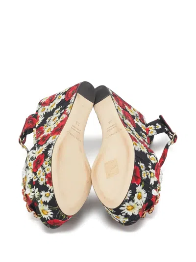 Pre-owned Dolce & Gabbana 90mm Floral-print Platform Wedge Sandals