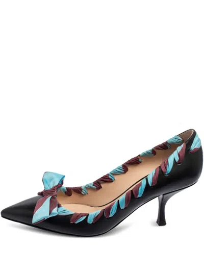 Pre-owned Fendi 70mm Ribbon-trimmed Pointed-toe Pumps In Black