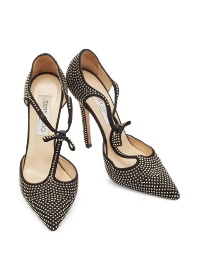 Pre-owned Jimmy Choo 120mm Studded T-strap Pumps In Black