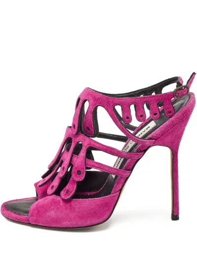 Pre-owned Manolo Blahnik  110mm Toubib Cut-out Suede Sandals In Purple