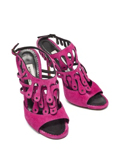 Pre-owned Manolo Blahnik  110mm Toubib Cut-out Suede Sandals In Purple
