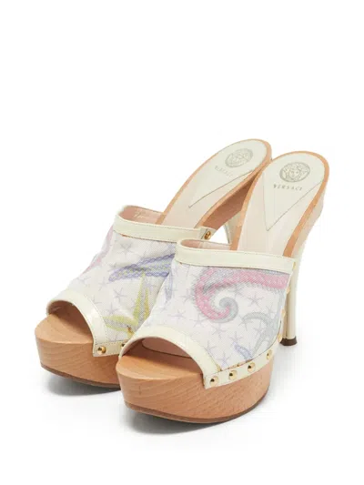 Pre-owned Versace Canvas Heeled Mules In Neutral