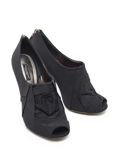 Pre-owned Dolce & Gabbana Pleated Peep-toe Ankle Boots In Black