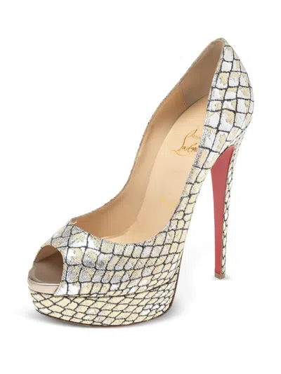 Pre-owned Christian Louboutin 140mm Lady Peep Pumps In Silver