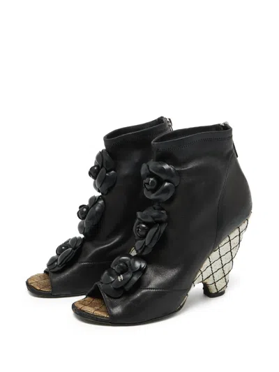 Pre-owned Chanel 105mm Camellia Peep-toe Wedge Boots