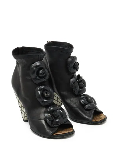Pre-owned Chanel 105mm Camellia Peep-toe Wedge Boots