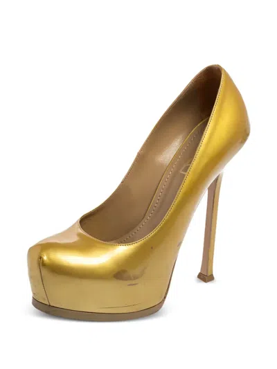 Pre-owned Saint Laurent 140mm Tribute Metallic Platform Stiletto Pumps