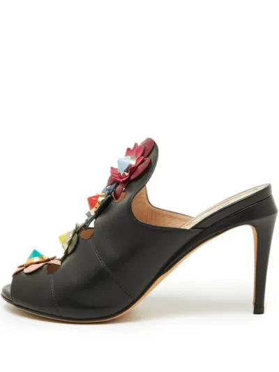 Pre-owned Fendi 95mm Floral-appliqué Peep-toe Mules