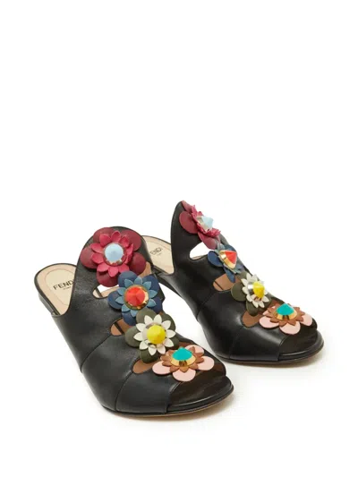 Pre-owned Fendi 95mm Floral-appliqué Peep-toe Mules