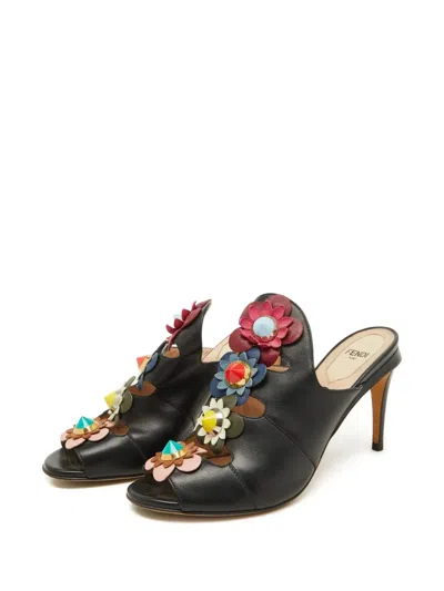 Pre-owned Fendi 95mm Floral-appliqué Peep-toe Mules