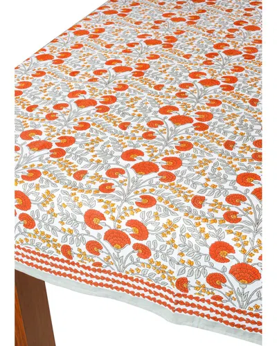 Tiramisu Scarlet & Slate: Floral Block Print Cotton Tablecloth In Multi