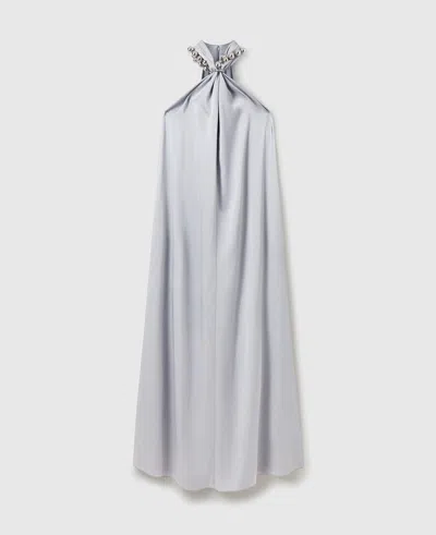 Stella Mccartney Ball-chain Halterneck Satin Maxi Dress In Gray