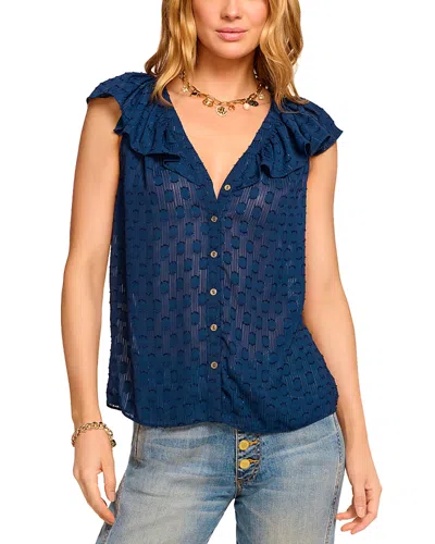 Ramy Brook Silvia Clip Dot Ruffle Accent Button-up Top In Blue
