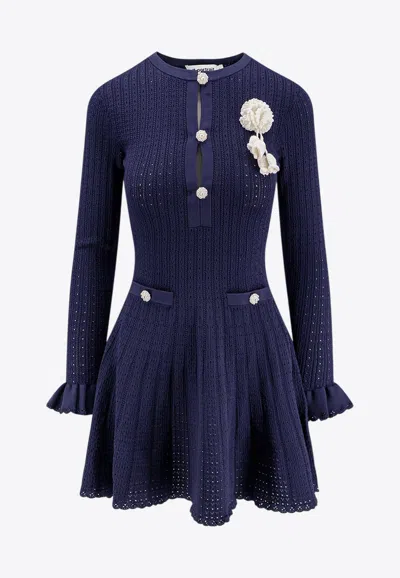 Self-portrait Perforated Knit Short Dress With Removable Lace Brooch In Blue