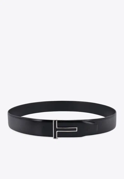 Tom Ford Leather Belt With Enamelled Logo In Black