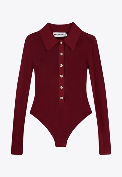 Self-portrait Self Portrait Women Burgundy Viscose Knit Long-sleeved Bodysuit In Red