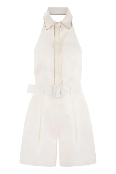Mvp Wardrobe Linen Jumpsuit With Contrasting Profiles In White