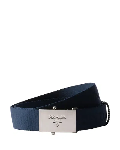 Prada Mens Blue Logo-plaque Cotton Tape Belt